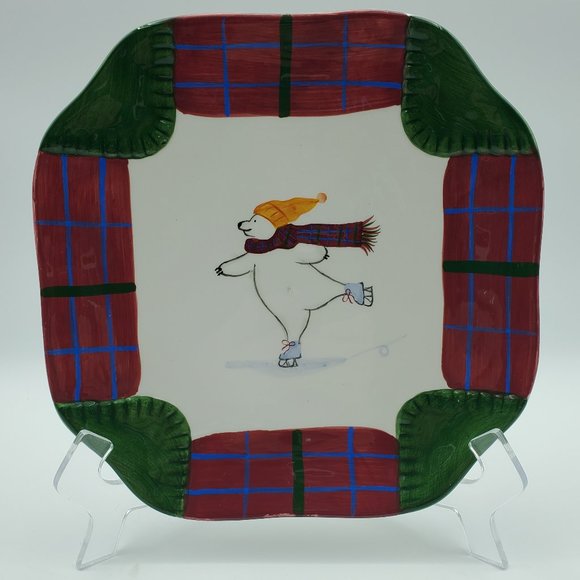 Pfaltzgraff Snow Bear Polar Bear Lunch Salad Cookie Plates Red Green Blue Plaid - Picture 2 of 7
